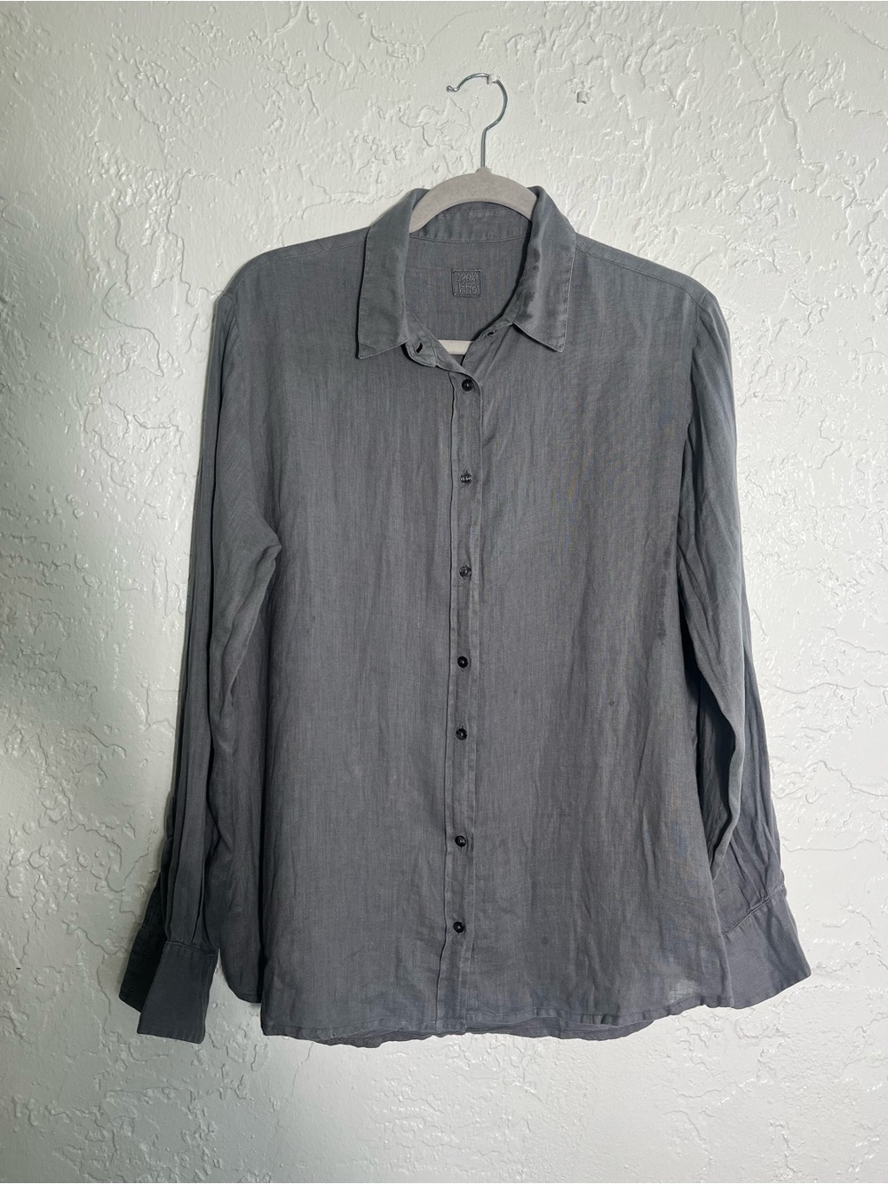 120% Lino Gray Linen Button Front Shirt Womens Size Missing See Measurements